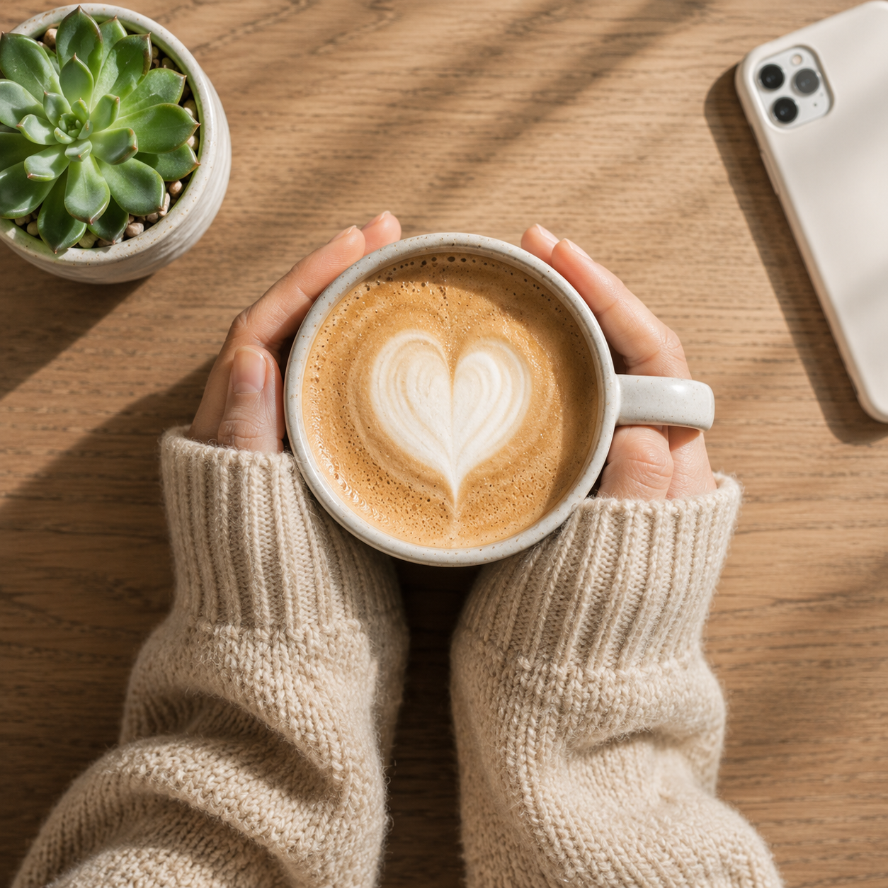 Hands wrapped around a warm latte on a cozy morning at Sayfani